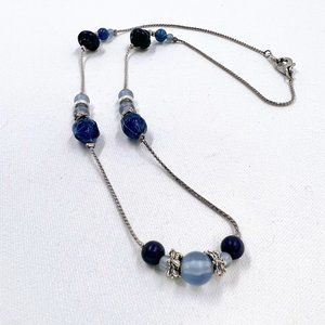 Blue Beaded Silver Tone 18” Chain Necklace